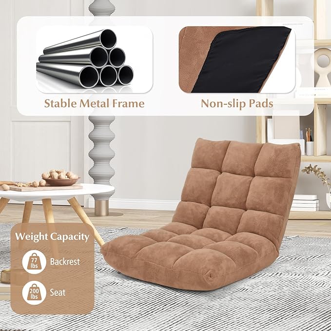 Folding Floor Chair w/Back Support, 14-Position Adjustable Lazy Sofa Chair w/Coral Velvet Fabric & Alloy Steel Frame, Portable Meditation Chair for Reading, Gaming,Sleeping (Beige)
