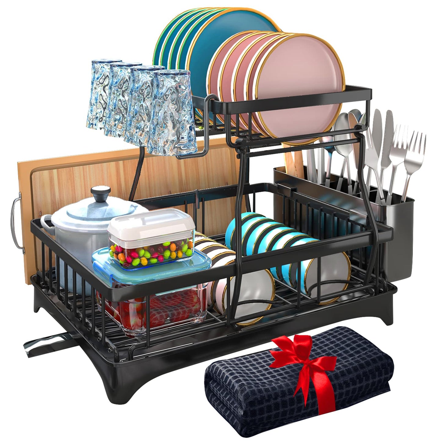 Godboat Dish Drying Rack, 2-Tier Dish Rack with Auto-Drain & Mat, Dish Racks for Kitchen Counter, Dish Drainer with Knife, Fork & Cup Rack, Gifts for Women, Mothers Day, Cool Stuff & Kitchen Gadgets