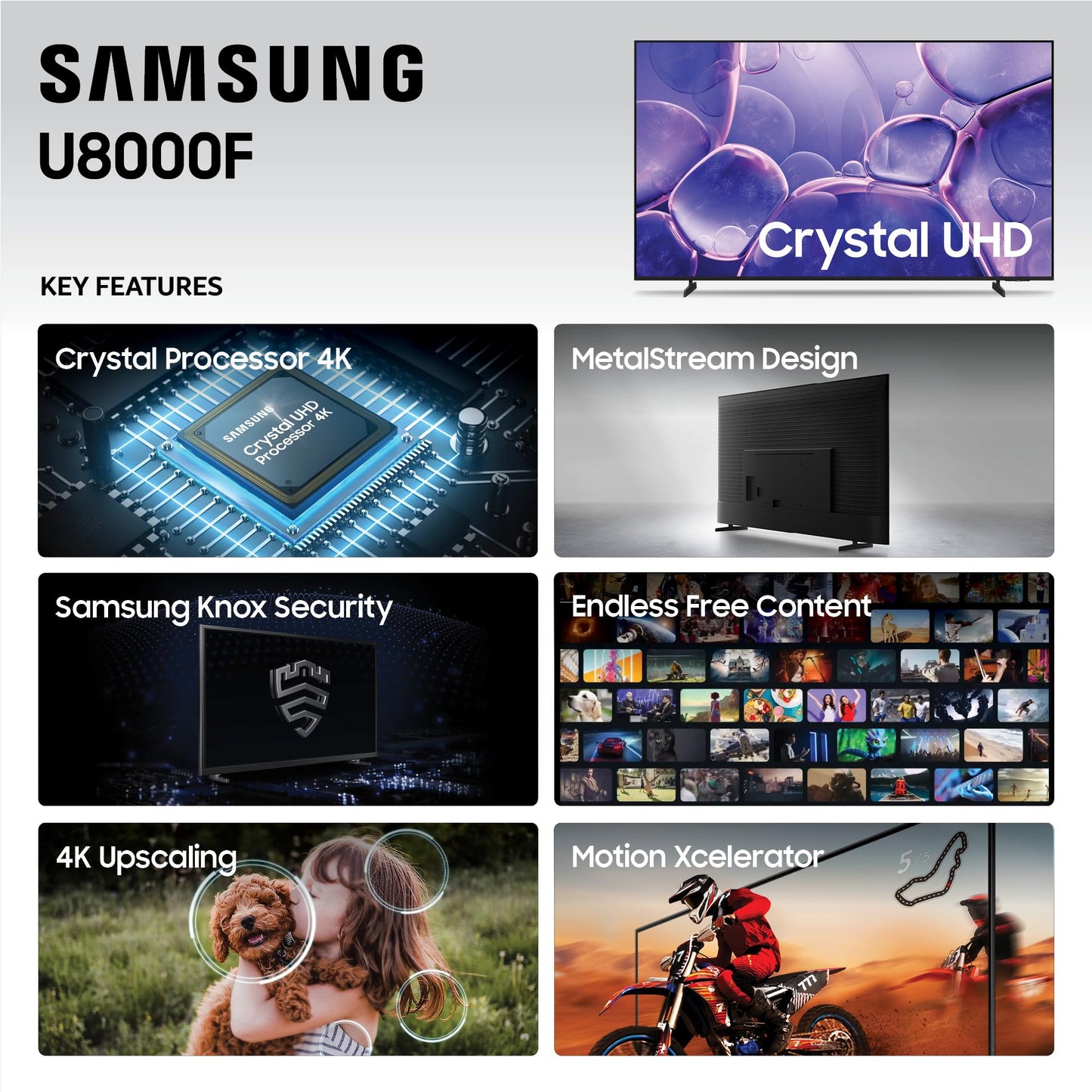 Samsung 65-Inch Class Crystal UHD U8000F 4K Smart TV (2025 Model) Endless Free Content, Crystal Processor 4K, MetalStream Design, Knox Security, Alexa Built-in