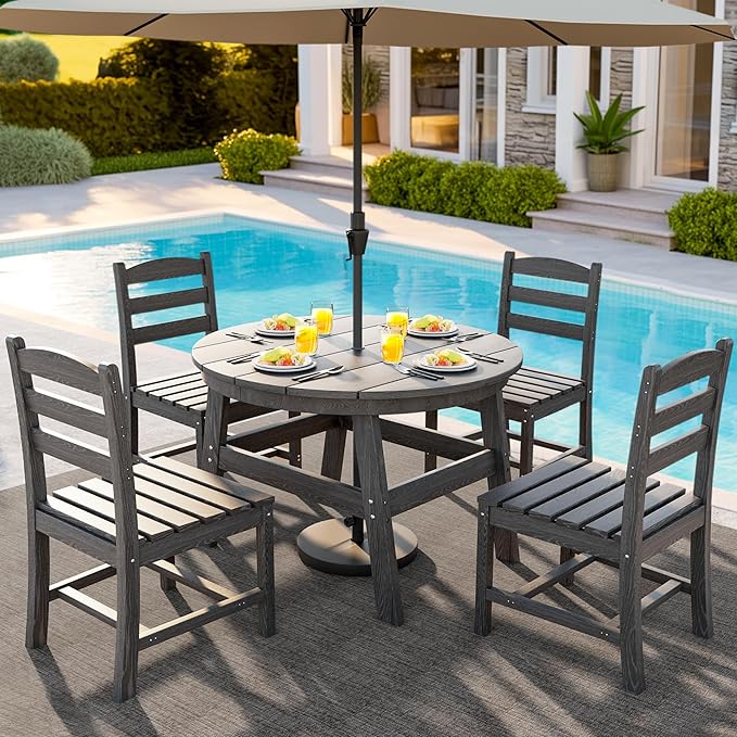 PamapicLife 5 Piece Round Outdoor Dining Set, Relaxing HDPE Outdoor Table and Chairs with 105° Ergonomic Backrest, All-Weather Patio Table and Chairs Set with Umbrella Hole for Porch, Poolside, Gray