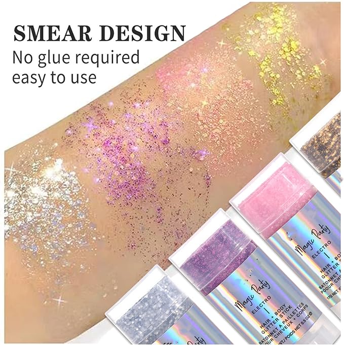 MAEPEOR Body Glitter Stick 6 Colors Holographic Mermaid Sequins Chunky Face Glitter Stick Singer Concerts or Music Festival Rave Body Makeup (Color 01)