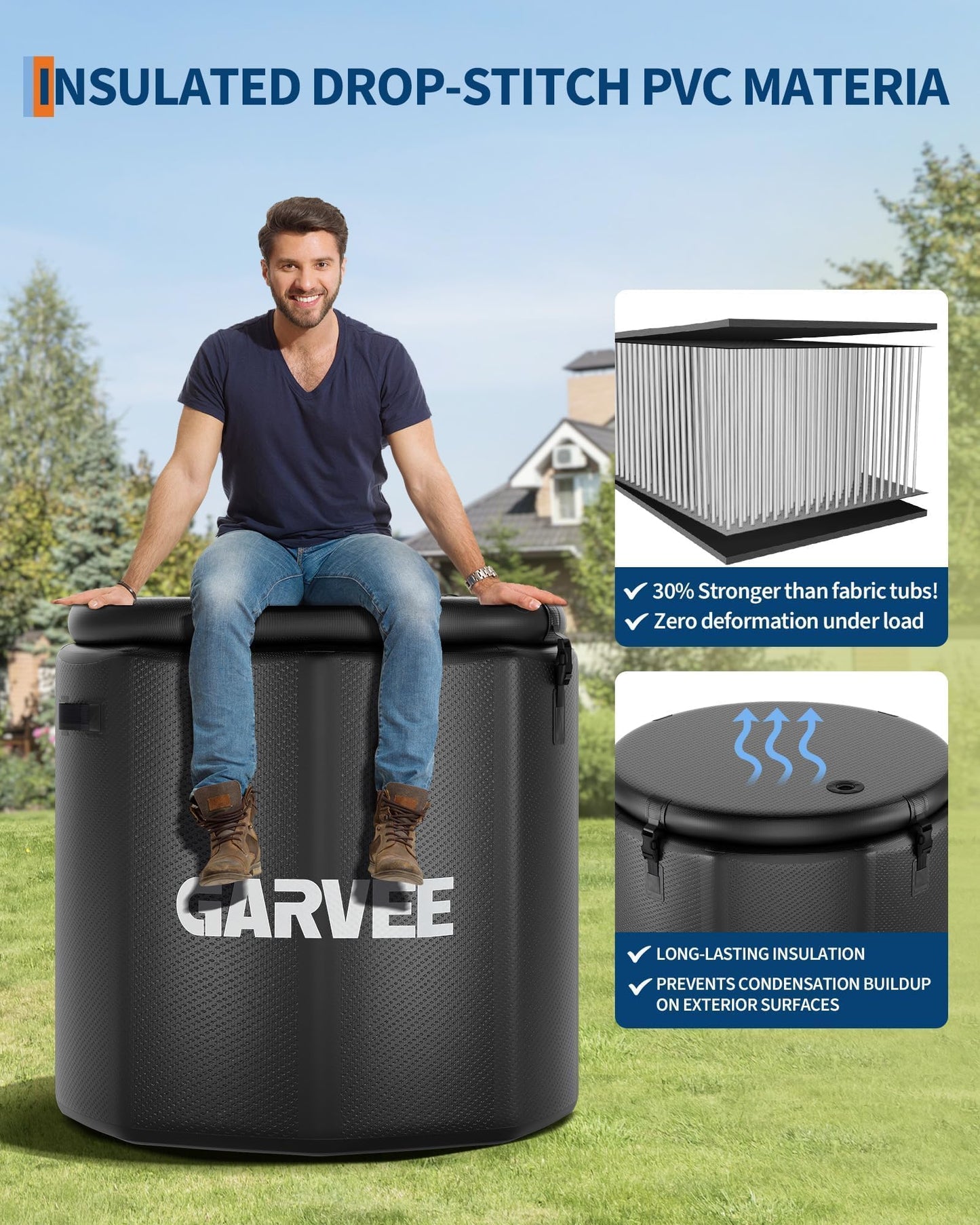 GarveeTech Ice Bath Tub for Athletes, Compatible with Water Chillers, 186Gallon Inflatable Cold Plunge Tub with Insulated Lid, Portable Cold Water Therapy Ice Pod for Recovery (Black, 186Gallon)