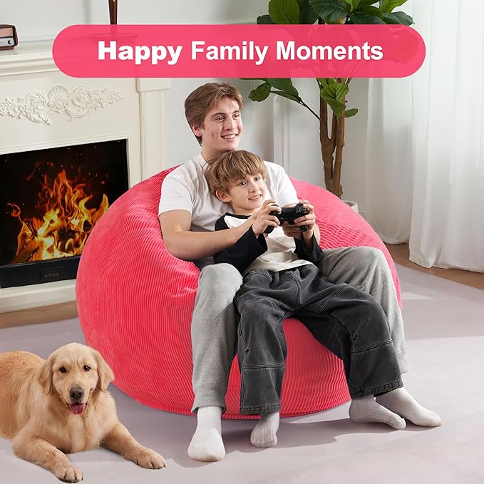 Homguava 3.5FT Bean Bag Chair: Teardrop Bean Bags with Memory Foam Filled, Compact Beanbag Chairs Soft Sofa with Corduroy Cover (Pink)