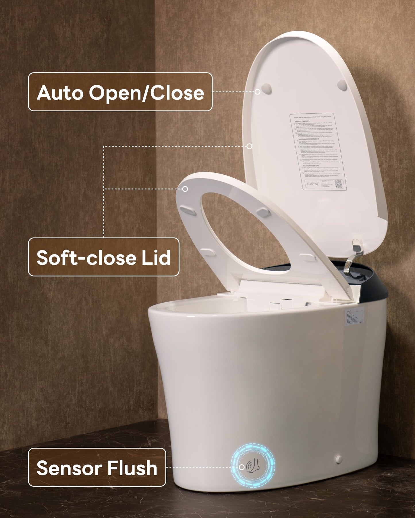 CANEST Smart Toilet with Foam Shield, 17.5" ADA Chair Height, 1.1/1.6GPF Dual-Flush Bidet Toilet, 12" Rough-in, One Piece Toilet, Auto Open/Close, Instant Hot Water, Eco Mode, Deodorization