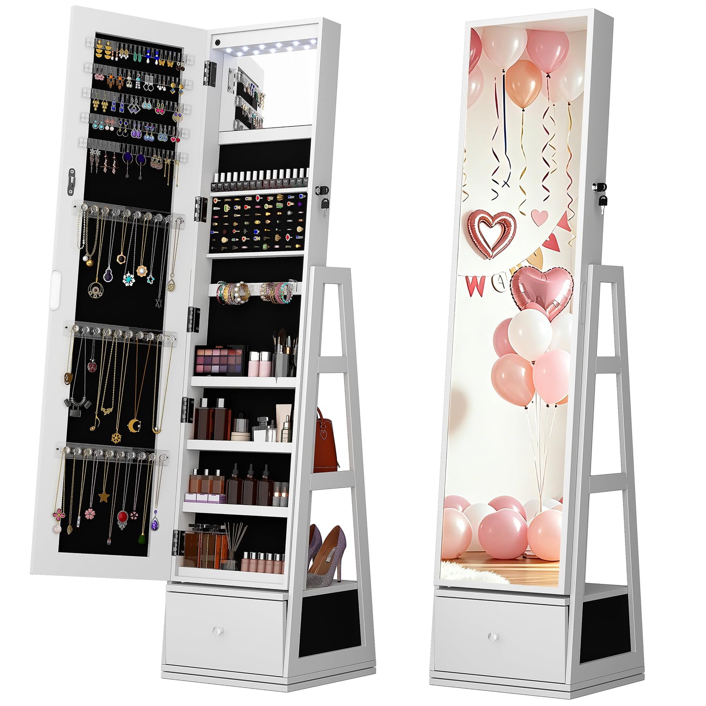 FAVSH Jewelry Cabinet with Drawer, 5-In-1 Standing Jewelry Armoire with LED Lights, 360° Swivel Jewelry Organizer with Full Length Mirror, White
