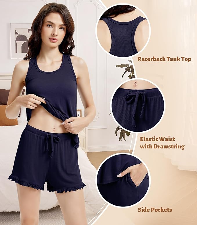NACHILA Pajamas for Women-Viscose from Bamboo, Ribbed Racerback Tank Top Sexy Split Shorts Pajama Sets Cooling Sleep Cami Pjs