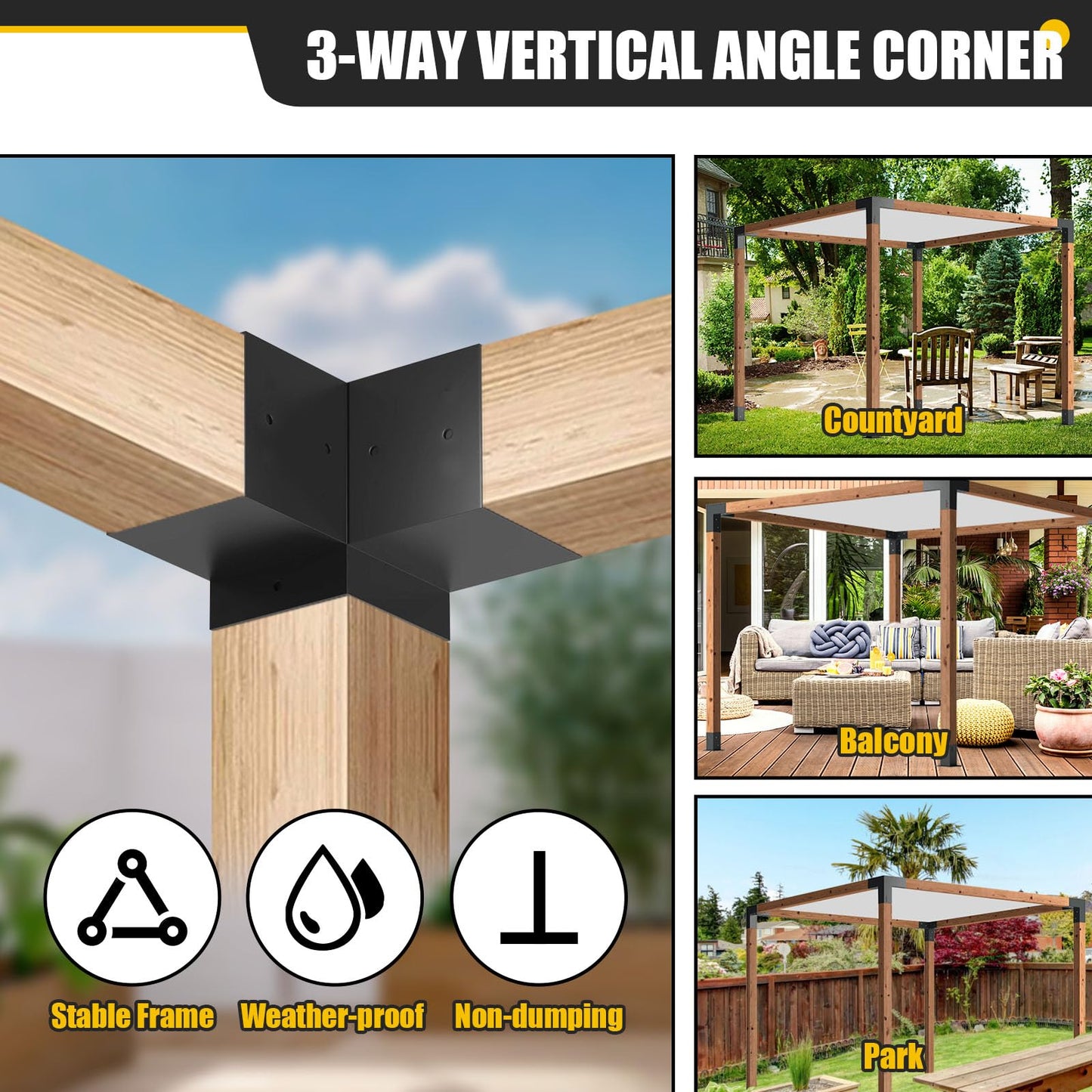 Kinchoix 4x4 Woodworks Pergola Brackets Kit, 3-Way Corner Extension, Black Powder Coated, Metal Brackets for Wood Beams, Fence, Carport (Actual: 3.5"x3.5")
