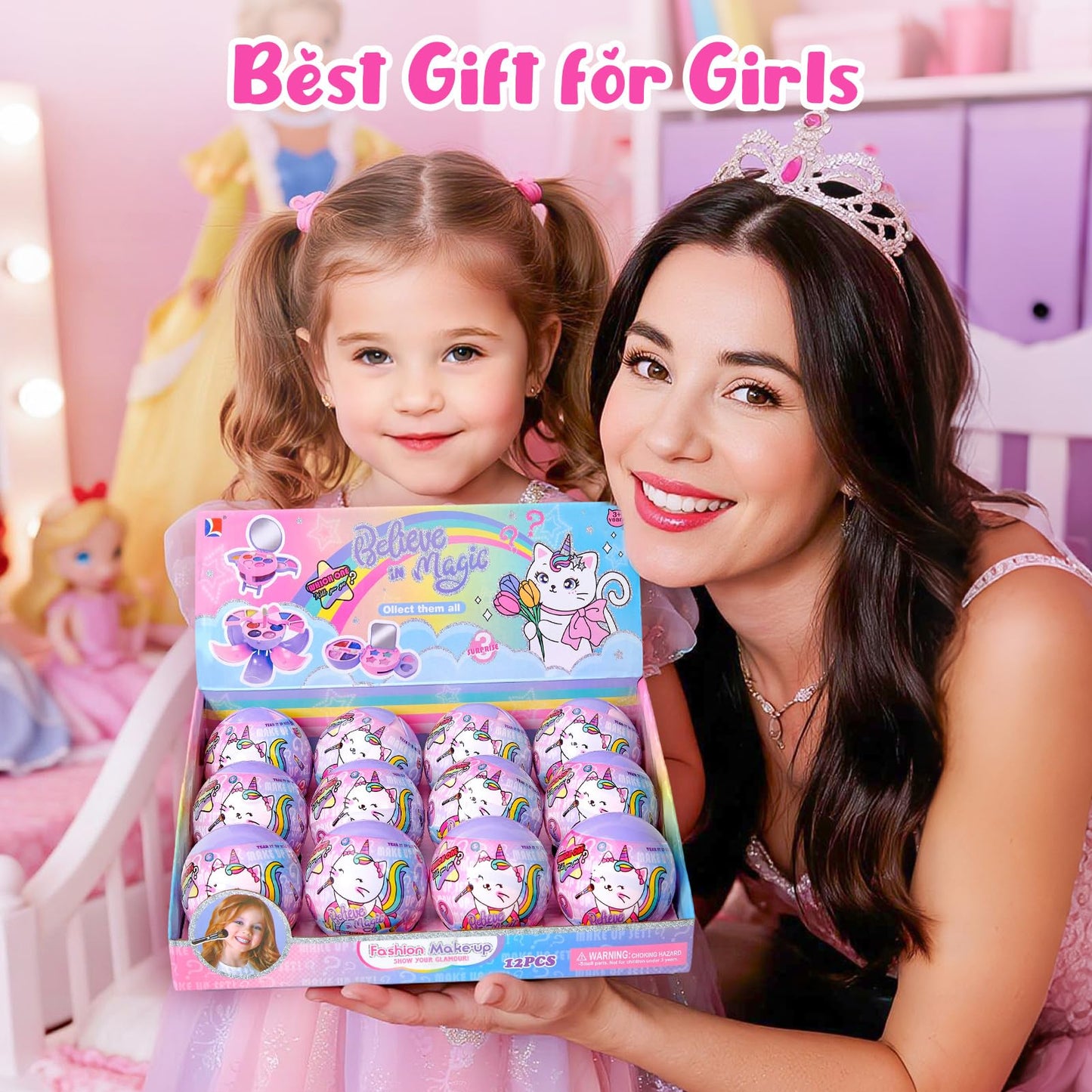 Cleboen 12 Pack Kids Makeup Blind Ball Party Favors - Surprise Cosmetic Blind Balls with Lip Gloss, Eyeshadow & Sponge Blusher (3 Styles, 2 with Mirrors), Party Favors Supplies Gifts for Girls