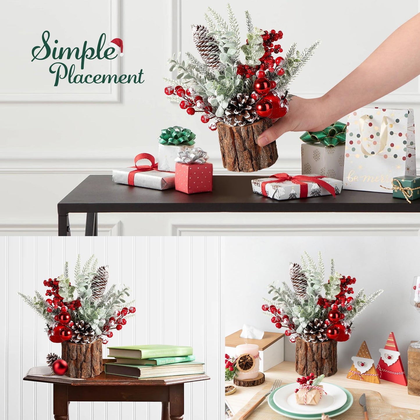 Hatisan Small Christmas Tree with Christmas Ornaments Pine Cone Berry, Tabletop Artificial Christmas Tree for Christmas Decorations Home Room Party Winter Indoor Outdoor(2 Pack Red-Round)