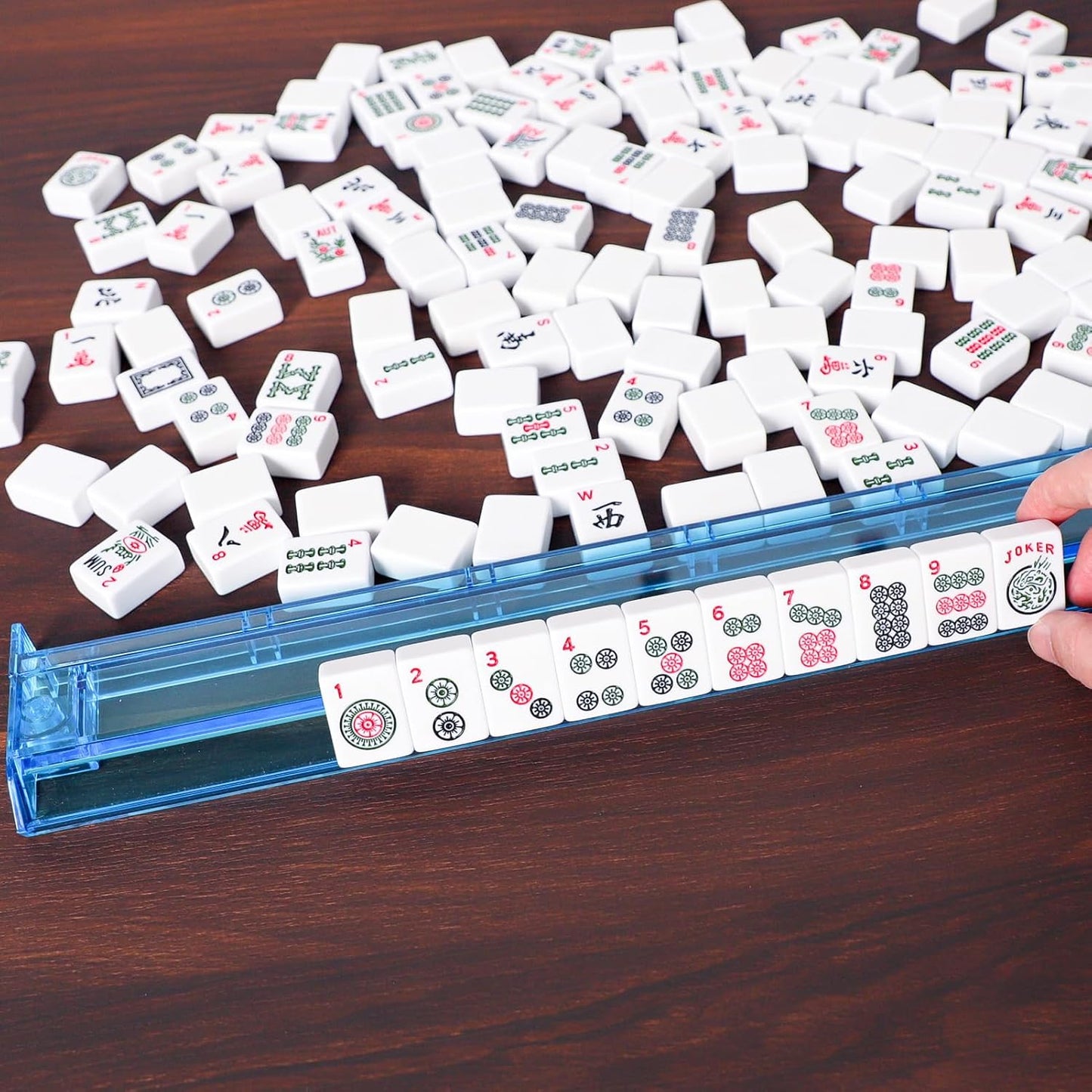 ZGME American Mahjong Set,166 White Tiles with Blue Rectangular Bag and Accessories,4 All-in-One Mahjong Racks with Pushers,Complete Western Mahjong Set