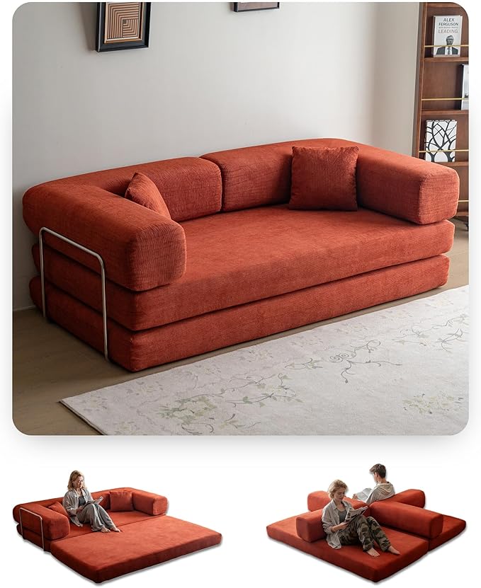 No Assembly Convertible Sofa Bed & 79" Boneless Couch with Pocket , 5-in-1 Futon Sofa Bed with 2 Pillows Modular Pull Out Couch Bed with Frame,Compression in Box for Living Room Small Spaces Orange