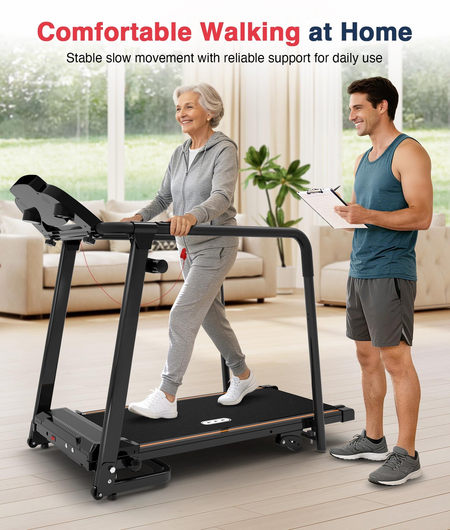 Redliro Treadmill for Seniors with Long Handrails - 300 lb Capacity, 0%-2% Incline, Foldable Compact Rehab Walker with Screen-Off & Mute Buttons, Wheels, Cup/Phone Holder for Home Apartment Exercise