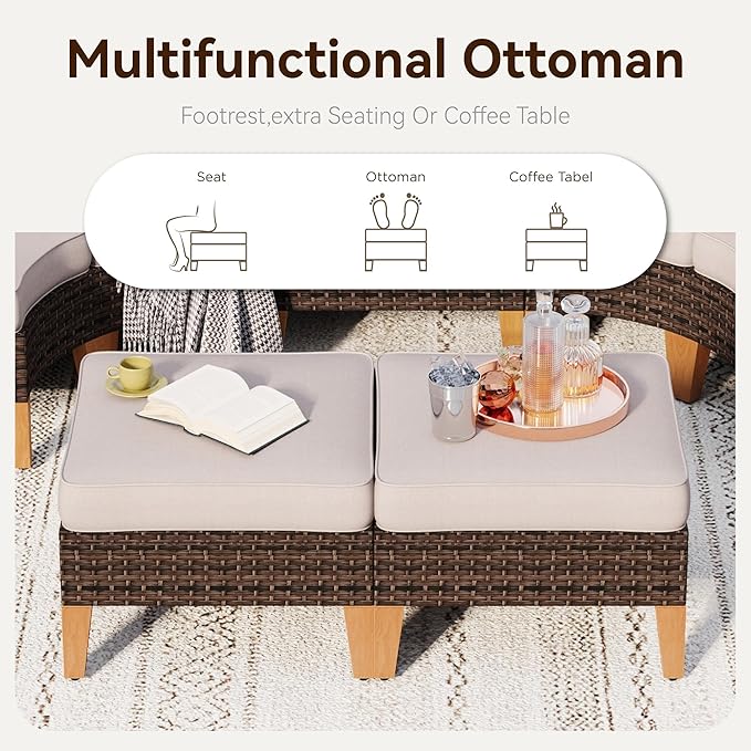 GREEN PARTY 10 Pieces Wicker Patio Furniture Set, All-Weather Outdoor Rattan Half-Moon Curved Patio Sectional Sofa Conversation Set with 4" Thick Cushions for Garden, Backyard, 2 x Ottomans