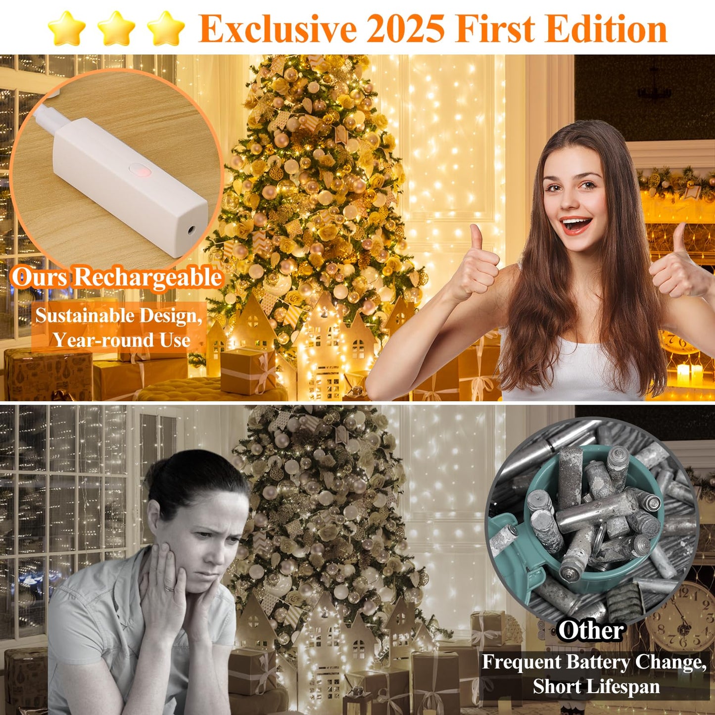 Lipstick Rechargeable Fairy Lights, 1 Pack Twinkle Lights Battery Operated, Mini Indoor LED String Lights with Timer for Vine, Bedroom, Christmas, Parties, Wedding, Decoration (5M/16FT Warm White)