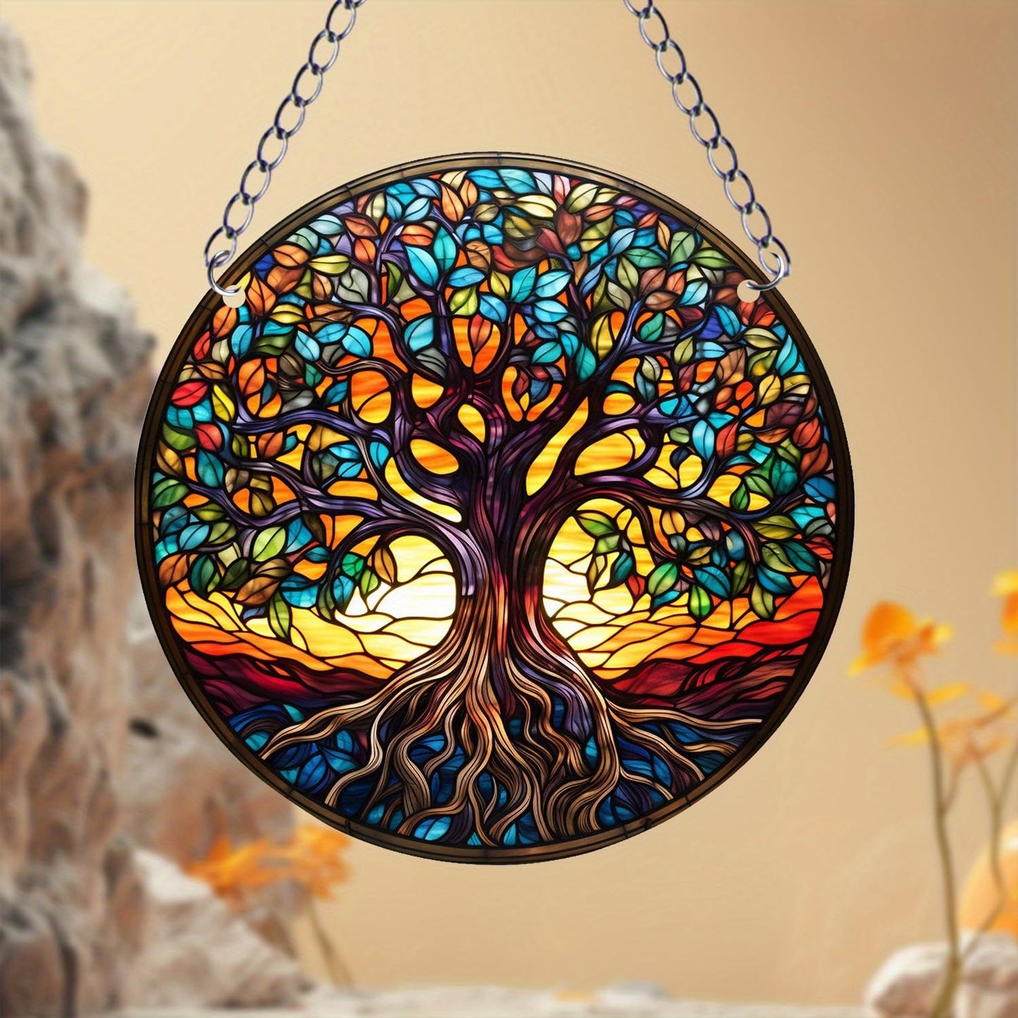 Tree of Life Stained Window Hangings with Chain – Acrylic Tree Ornament for Garden, Patio and Indoor Decor, Housewarming Gift for Mom, Grandma