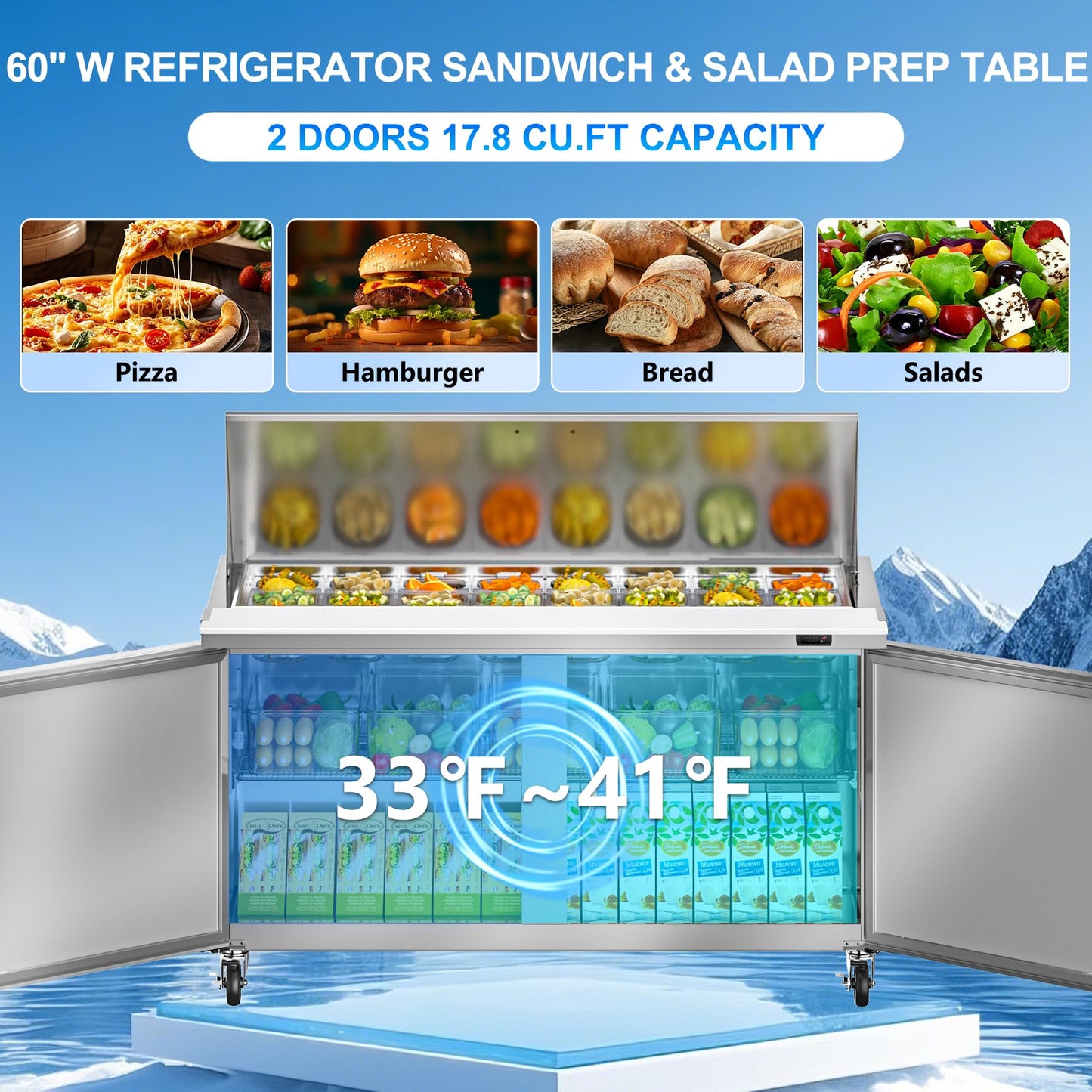 Rockitch 60" W Commercial Refrigerator Sandwich Salad Prep Table, 17.8 Cu.ft 2 Door Commercial Stainless Steel Mega Top Food Prep Fridge with 24 Pans, Salad Prep Station for Restaurant, Bar, Shop