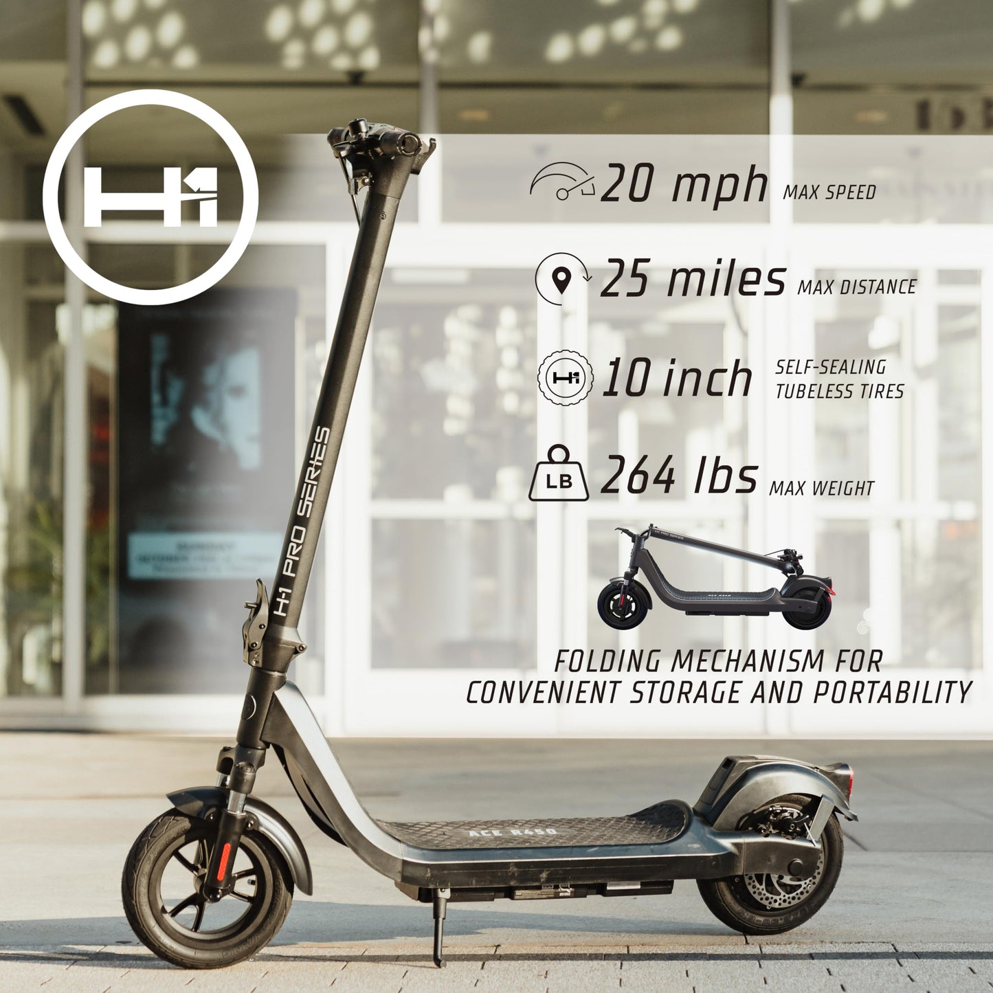 H-1 Pro Series Ace R450 Foldable Electric Scooter with 450W Brushless Motor, 20 mph Max Speed, 10” Self-Sealing Tubeless Tires, and 25 Mile Range Commuter Scooter for Adults & Teens