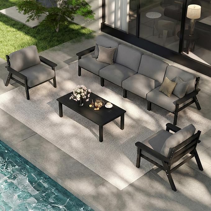 Patio Kingdom Patio Furniture Set 7 Seats, HDPE Outdoor Sectional with Gray Washable Thick Cushions, Coffee Table, Patio Conversation Sets for Lawn, Garden, Porch, Balcony, Deck (Black Frame)