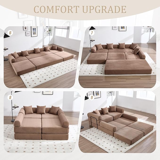 106" Oversized Convertible Sleeper Sofa Bed, Corduroy L Shape Sectional Couch, Folding Sofa Bed with Side Pocket, Modern Cloud Floor Mattress Couch, Modular Sofa for Living Room, Brown