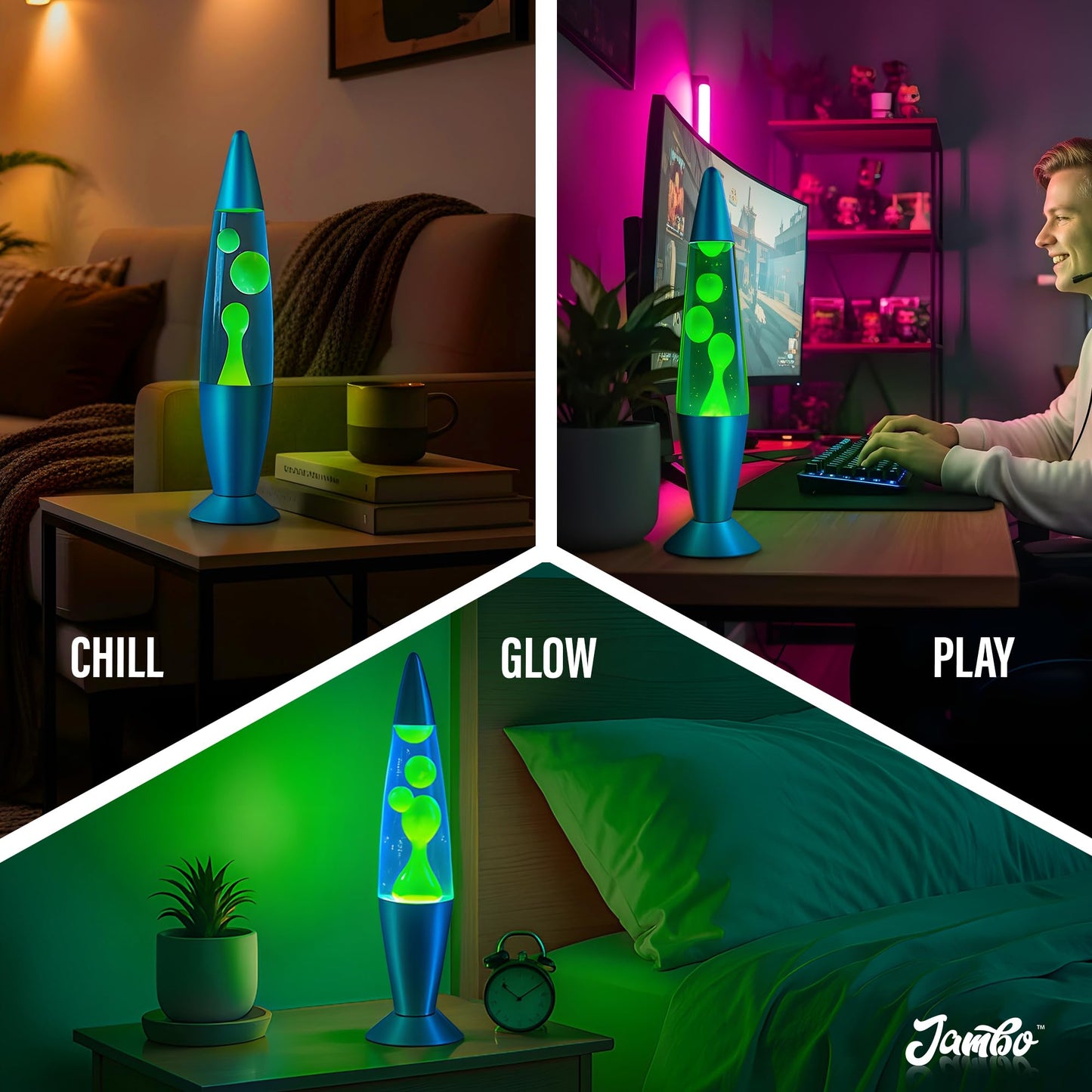 JAMBO 16" Beautiful Lamp- Blue with Yellow/Green Wax, Relaxing Liquid Light, Night Light Nightlight, Home Decor Living Room Office Bedroom Lamp for Adults Teens Kids, Magma Motion