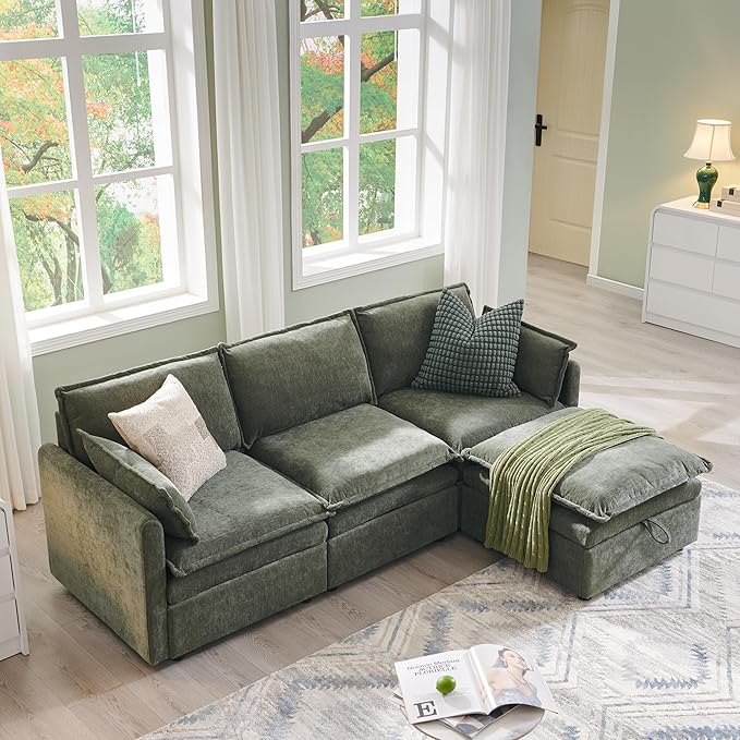 85.83" Sectional Couches for Living Room, Cloud Couch Sectional with Large Storage Ottoman, L-Shape Modular Sectional Sofa with 5 Seater Chenille Sofa and Pillow for Apartment, Bedroom, Green