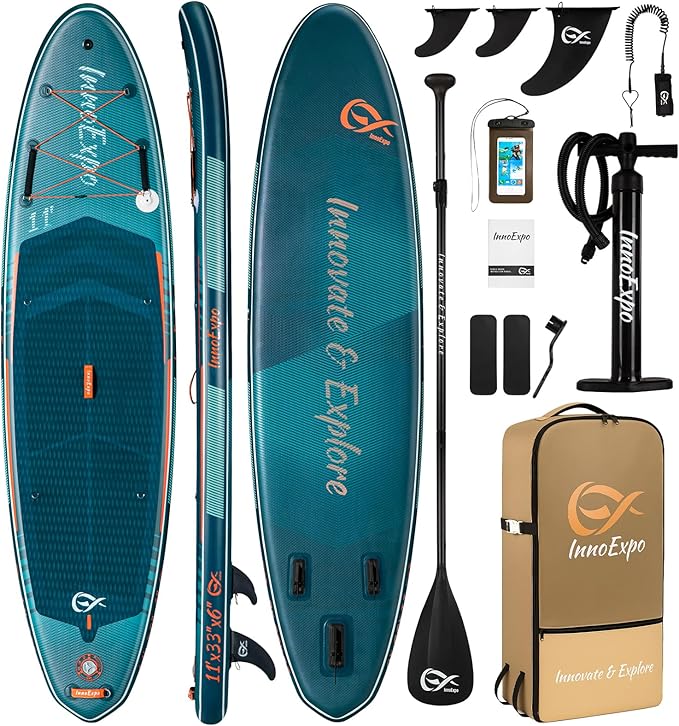 InnoExpo 11' Inflatable Stand Up Paddle Boards with Premium Accessories, Wide Stable SUP Paddle Board Design, Non-Slip Com...