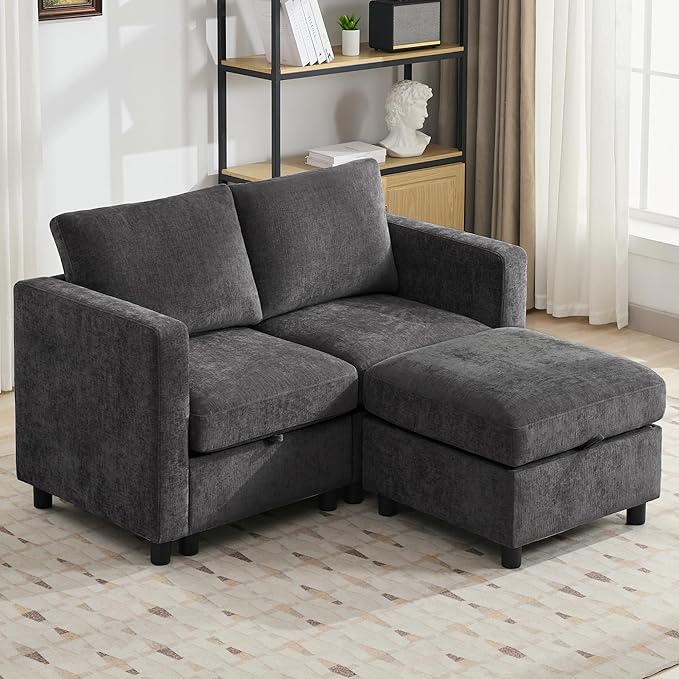 WUTUTUEE 58”Modular Sectional Loveseat Sofa with Storage, Comfy Office L Shaped Sofa Couch, Chenille Love Seat Modular Sectional Couch with Movable Ottoman for Living Room, Bedroom, Dark Grey