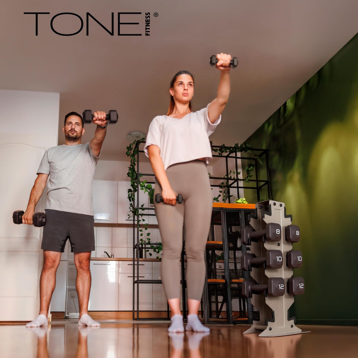 Tone Fitness 100 LB Neoprene Dumbbell Set with Storage Rack – Non-Slip, Anti-Roll Hand Weights for Home Gym Workouts | Light Gray Rack and Purple Dumbbells