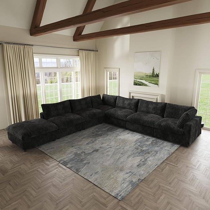 Cloud Modular Sectional Sofa,157" Oversized 7 Seater Sofa,V Shaped Couch with Storage Ottoman,Plush Sofas for Living Room,Comfy Couch with Chaise,Covers Washable&Replaceable (Black)