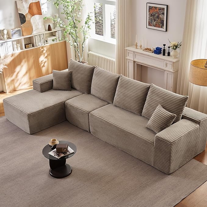 135.4" Cloud Sectional Couch with L-Shape Chaise, Modern Corduroy Boneless Couch for Living Room,Memory Foam Sofa with Deep Seat,No Assembly Required (Camel,Left-Facing Chaise)