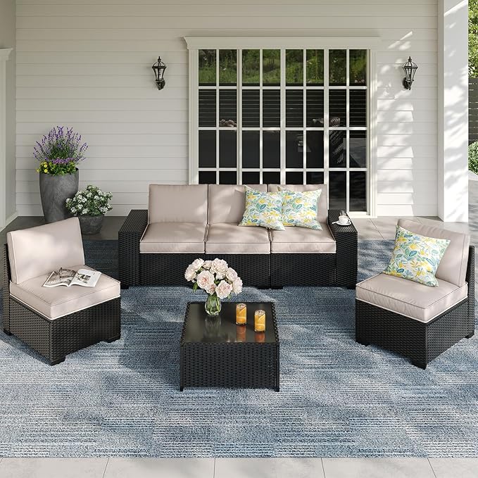 SunloungeCo Patio Furniture Set, 6 Pieces Outdoor Couch Sofa with Wider Armrests & Glass Coffee Table, Outdoor Sectional Furniture with Thick Cushions for Party, Poolside,Garden-Beige