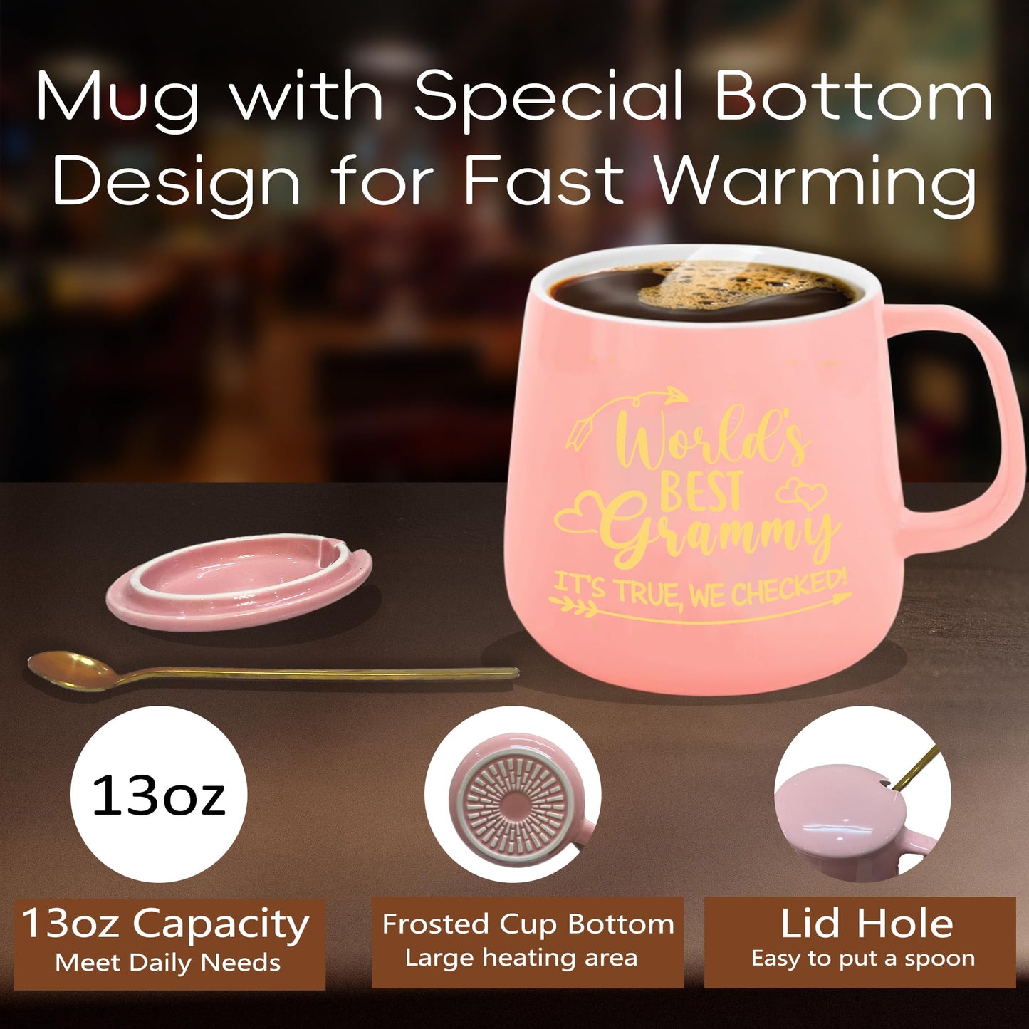 Grammy Gifts, Mothers Day Grammy Gifts from Grandkids Coffee Mug Warmer & Mug, Auto Shut Off Smart Warmer Coaster, Smart Electric Beverage Warmer for Coffee, Tea for Birthday, Grandparents Day