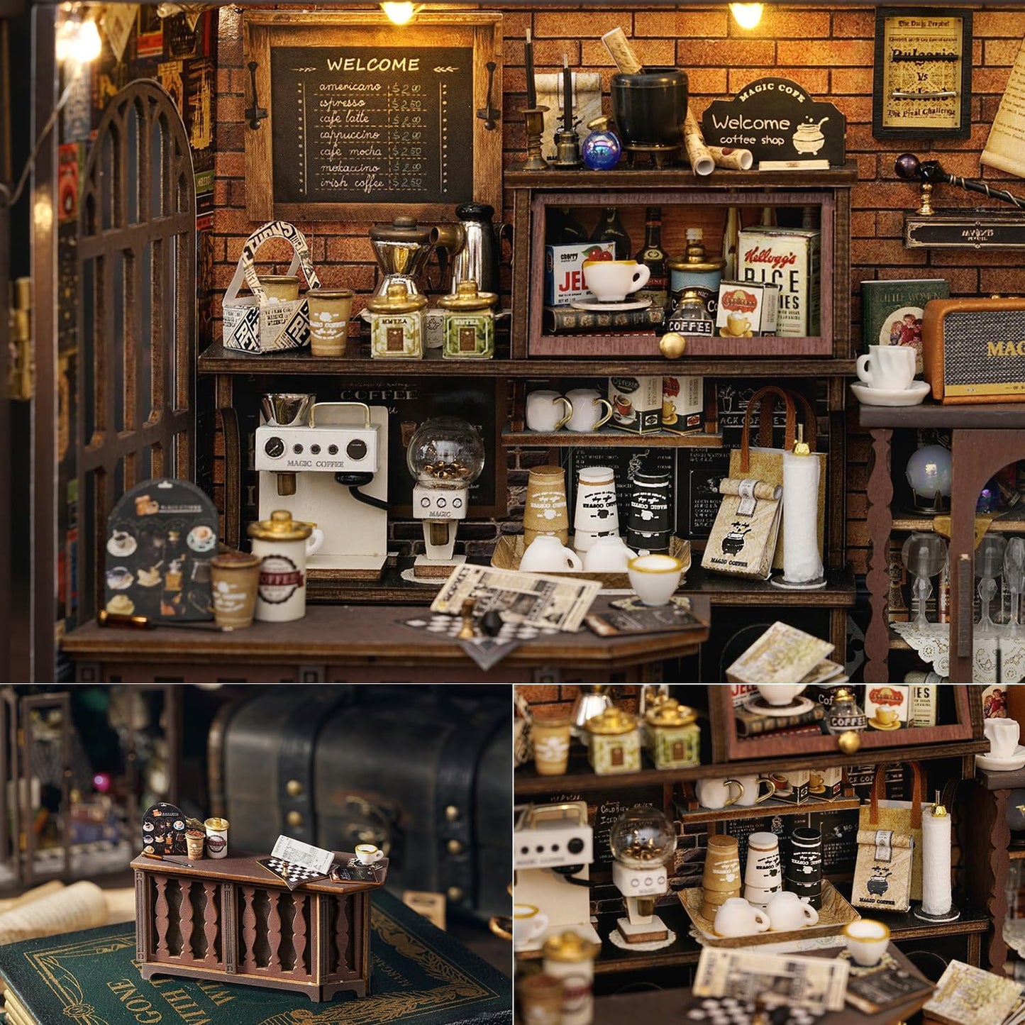 TuKIIE DIY Miniature Dollhouse Kit with Furniture, 1:24 Scale Creative Room Opened & Closed Wooden Doll House Plus Dust Proof for Kids Teens Adults(Vintage Coffee Shop)