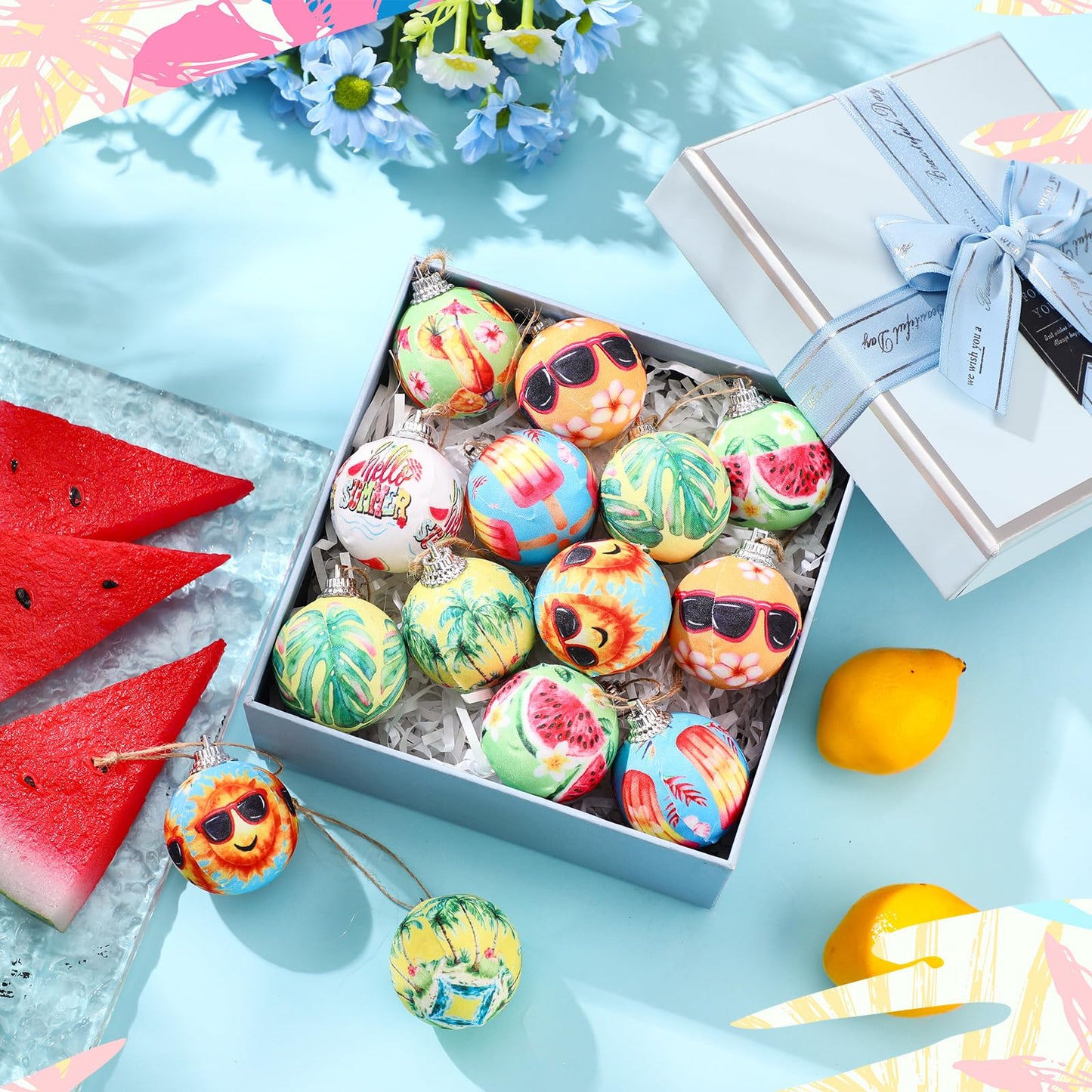 Outus 16 Pcs Summer Tree Ornaments Ball Hawaiian Style Ball Decoration for Tree for Summer Watermelon Tropical Leaf Coconut Palm Farmhouse Home Fireplace Holiday Party Favors Decor