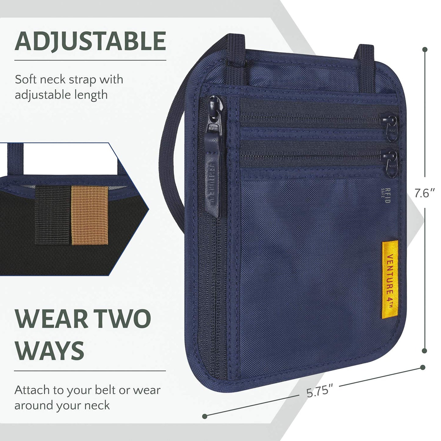 VENTURE 4TH Slim Passport Holder Neck Pouch with RFID Blocking Travel Neck Wallet and a Nylon Lining (Navy Blue))
