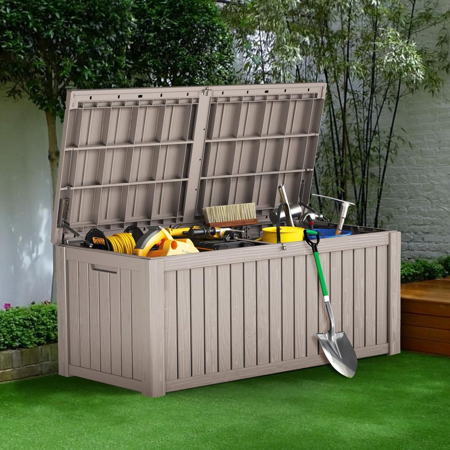 180GAL Brown Versatile Outdoor Deck Box – Waterproof, SGS - Tested UV Protection, Fits Various Storage Needs: Pool Accessories to Gardening Supplies