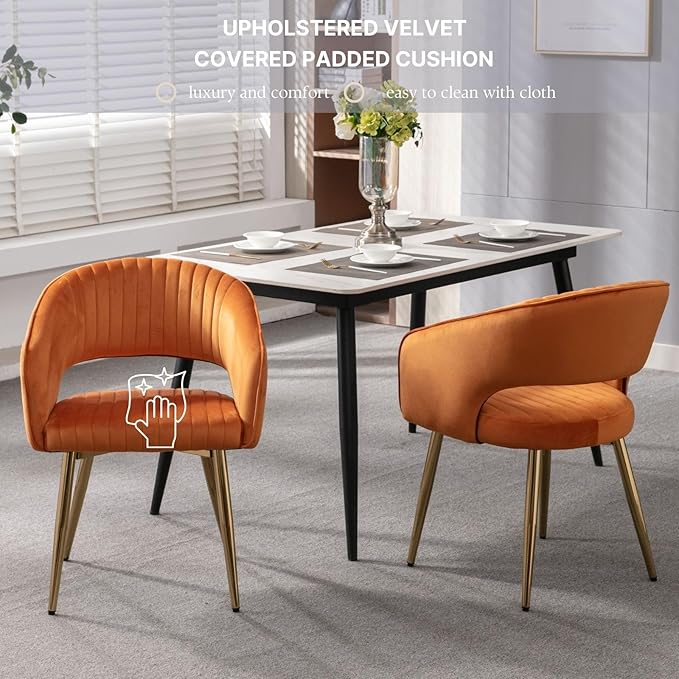 COMULER Orange Velvet Dining Chairs Gold Legs, Modern Dining Room Chairs with Arms Set of 4 Upholstered Accent Chair Armchair with Barrel Back for Kitchen Living Room