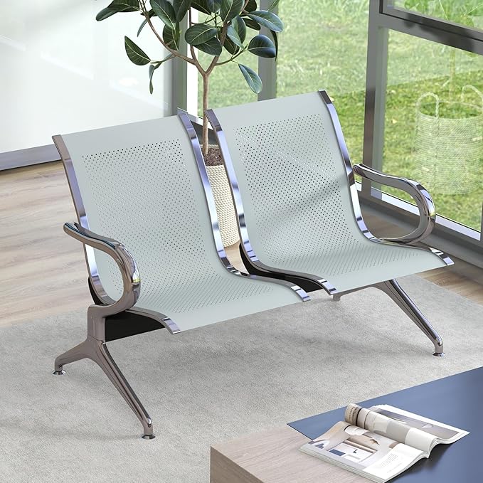 Kinsuite 2 Seat Airport Reception Chairs Waiting Room Chair with Arms, Metal Reception Bench Seating, Lobby Chairs for Business Office Hospital Bank Airport Market (Silver)