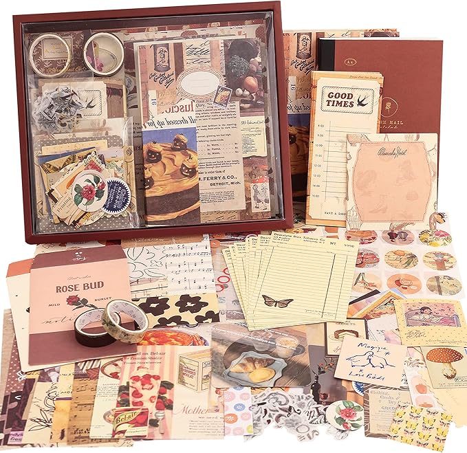 348 Pcs Scrapbooking Supplies Kit, Vintage Aesthetic Scrapbook Kit for Bullet Junk Journal, Stationery, A6 Grid Notebook, ...