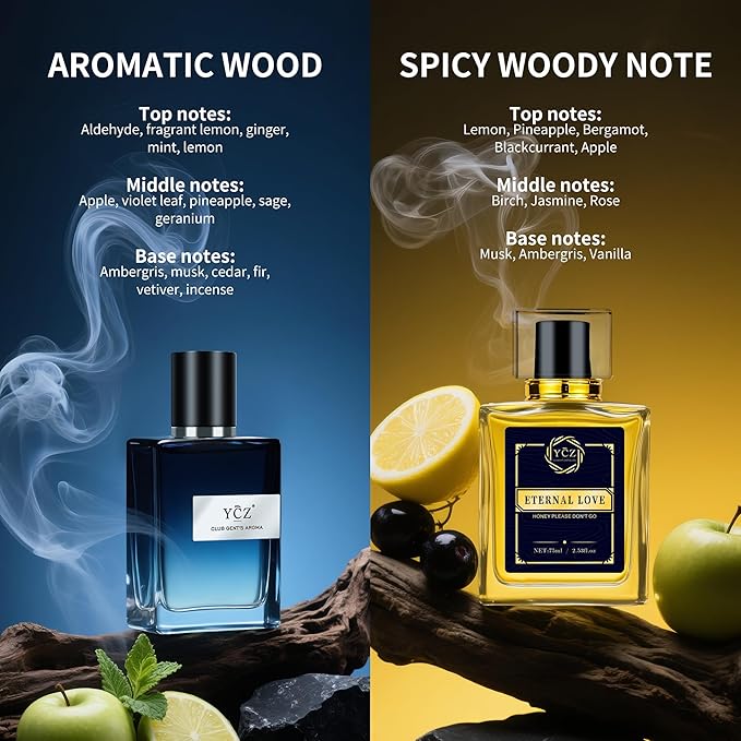 Ycz Cologne for Men Set, 1.7oz(50ml) Bottled Pioneers and Midnight Men Perfume, Spicy Wood Citrus Lemon Lasting Fragrance, Elegant Sleek Bottle Design for Christmas Gifts Ideal
