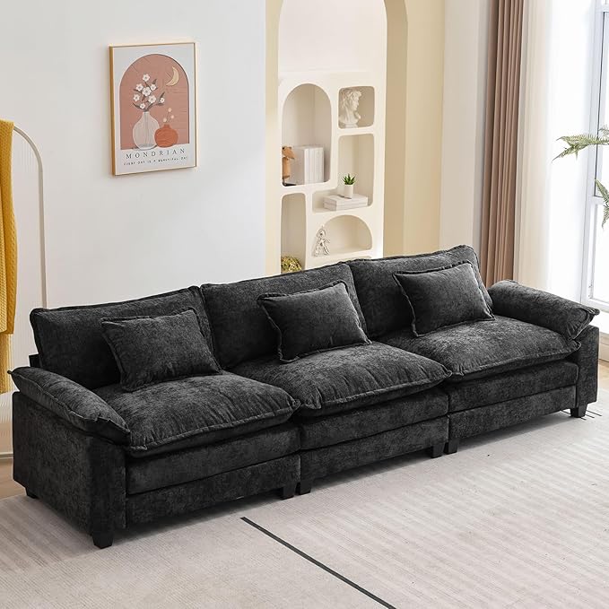 Oprisen 120" Modular Sectional Sofa, Comfy Cloud Couch Sectional Sofa, Chenille Sofa Sleeper Deep Seat Sofa with Throw Pillows for Living Room (Black, 120"- 3 Seater)