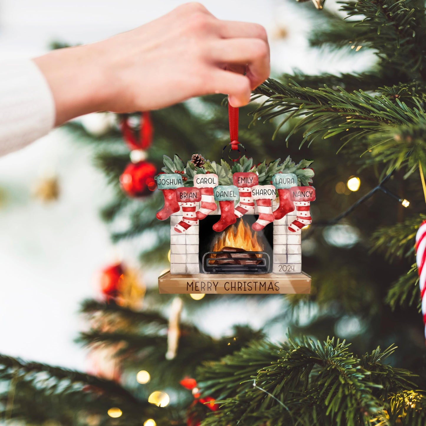 Christmas 2025 Family Ornaments Personalized - Up to 7 Names - Custom Fireplace Mantle Ornament w/Names, Family Christmas Tree Ornament, Personalized 2024 Xmas Ornaments