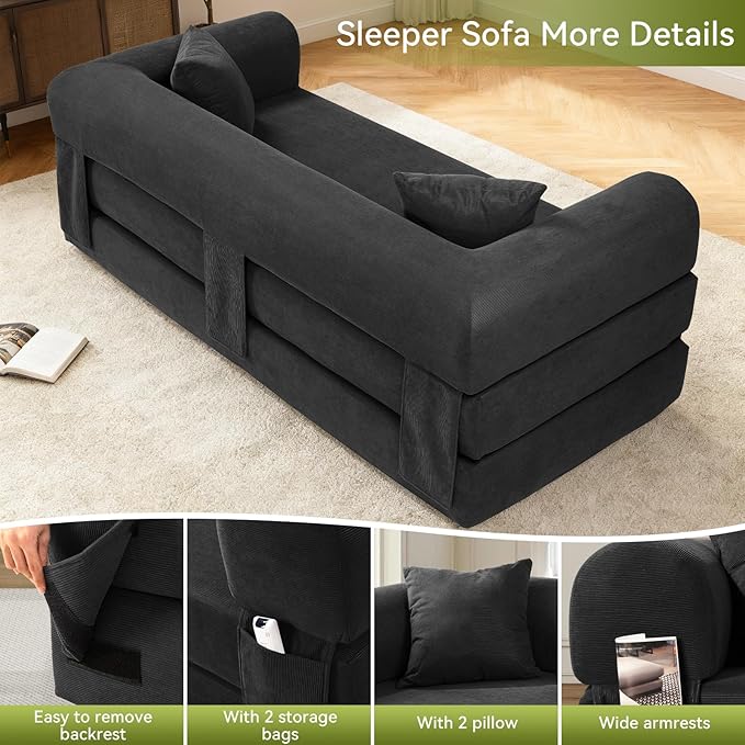 GJQ Convertible Futon Sofa Bed,80" Folding Pull Out Couch Bed with Pillows & Storage,Queen Sleeper Sofa Bed,Compressed Couch in a Box,Corduroy Boneless Couches for Living Room,Deep Gray