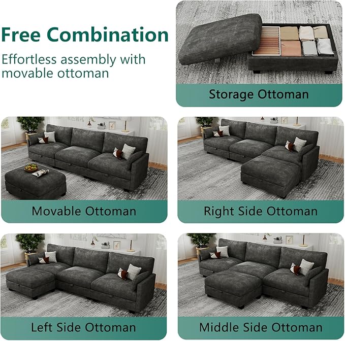 OhaiAura Modular Sectional L Shaped Sofa Couches for Living Room, Cloud Couch with Storage Ottoman, Comfy Chenille Sofa with Pillow, Dark Gray