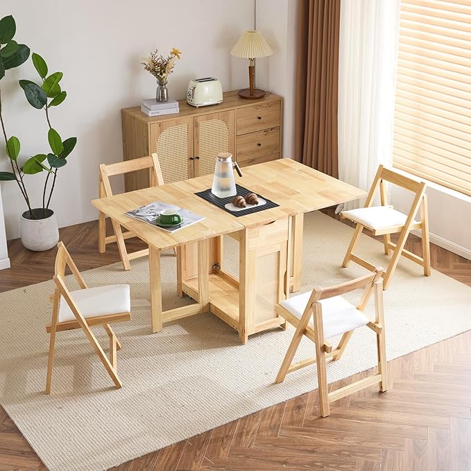 VINGLI 5-Piece Folding Dining Table Set, Extendable Drop Leaf Solid Wood Table with 4 Chairs, Drawers & Wheels, Space-Savi...
