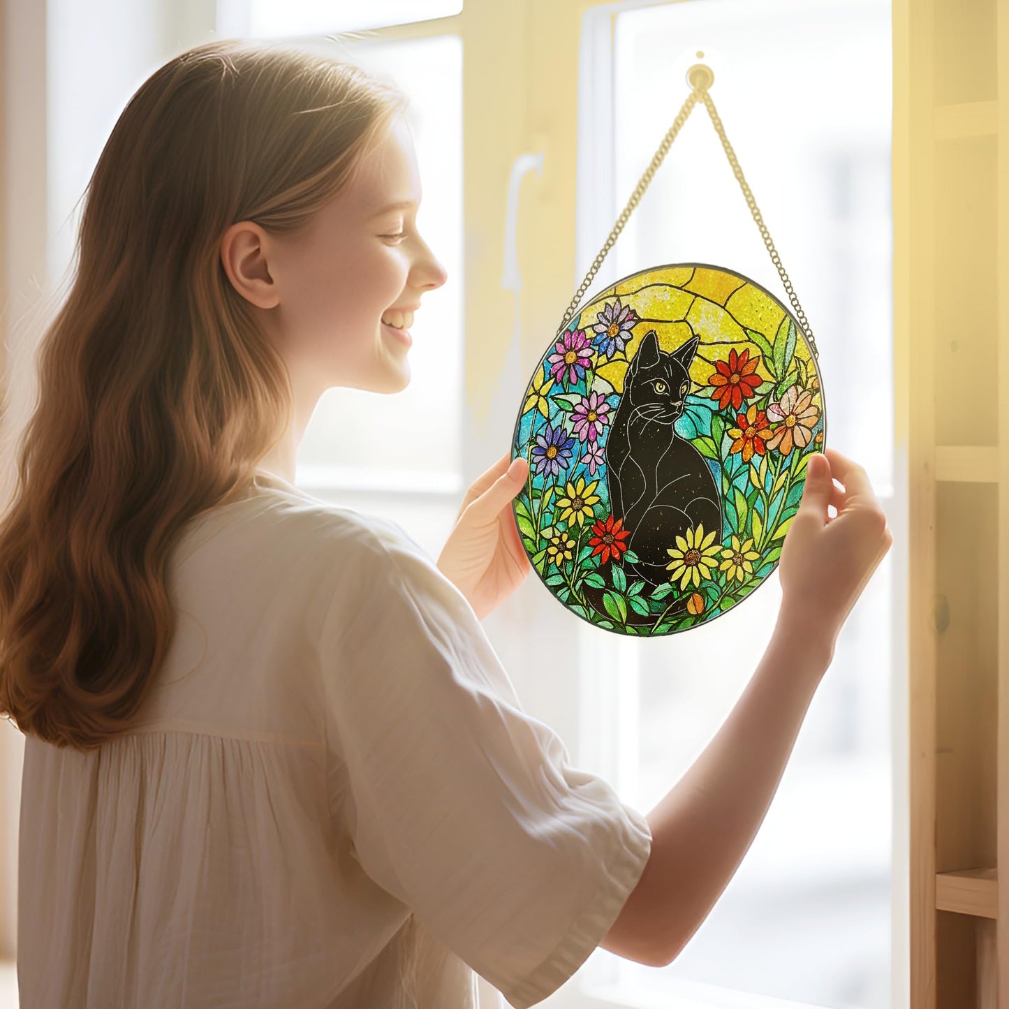 Black Cat Stained Glass Window Hanging, 8 Inch Sun Catchers Indoor Window, Suncatchers for Windows Hanging, Home Decor and Christmas, Festival, Mother's Day, Birthday, Gifts for Women, Men, Cat Lovers
