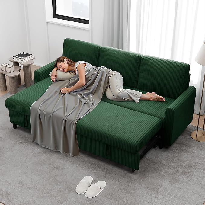 Nuturelly Sectional Sofa Couch Bed L Shaped Sleeper Sofa Bed Pull Out Bed with Storage, Reversible Sectional Couches for Living Room, Apartment, Office(Green)