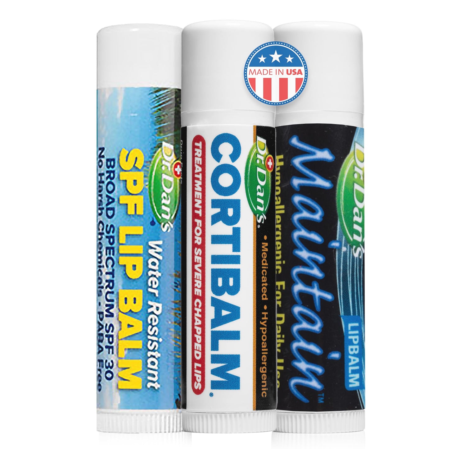 Dr. Dan's Complete Lip Care Kit - SunScreen SPF 30, CortiBalm for Chapped Lips, and Maintain Balm Moisturizer - Soothing Trio fo