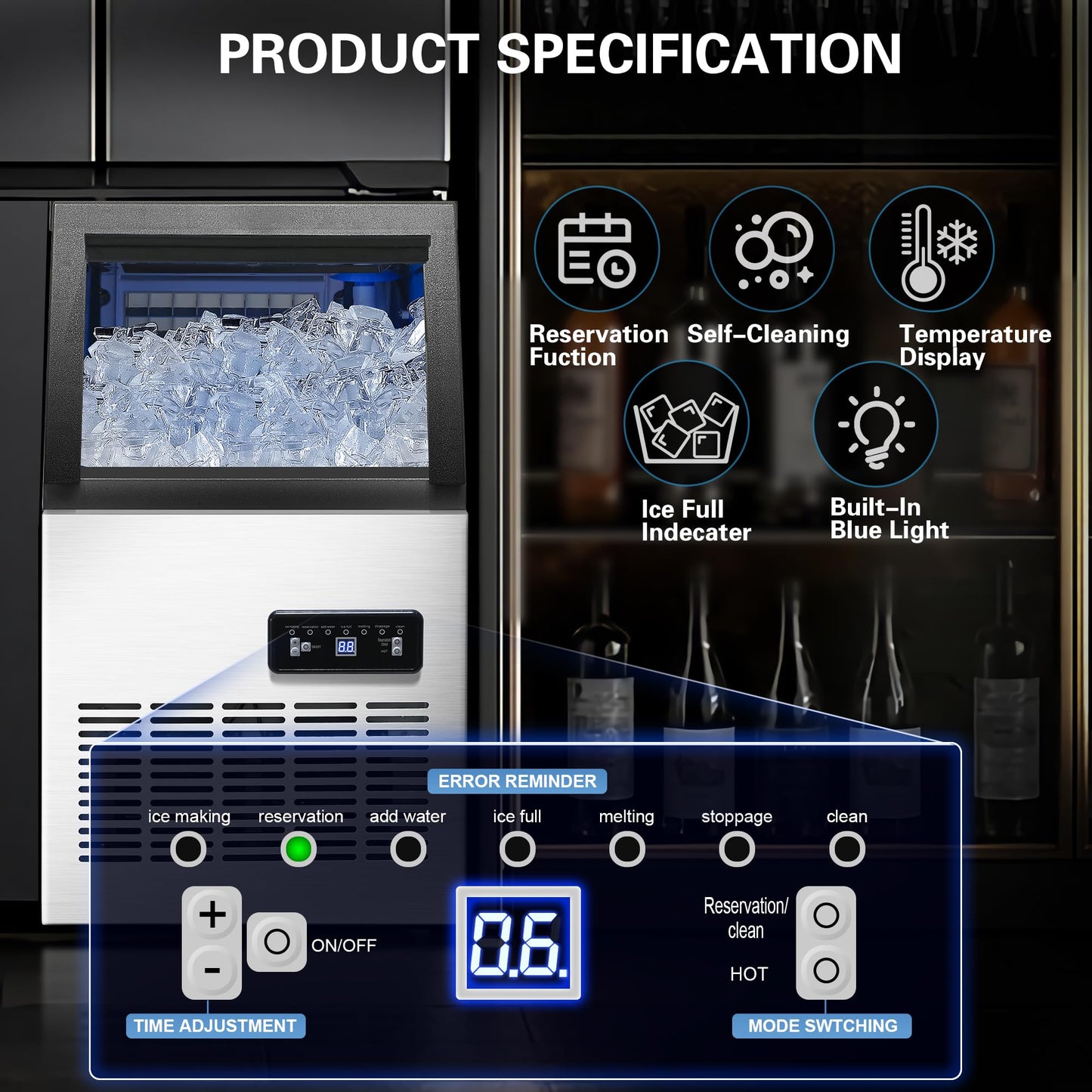 Zomagas 120LBS/24H Commercial Ice Maker Machine, Freestanding Stainless Steel with Adjustable Ice Thickness & LCD Control,40 Cubes/Cycle,Self-Cleaning,Quiet Operation for Home,Restaurant,Bar