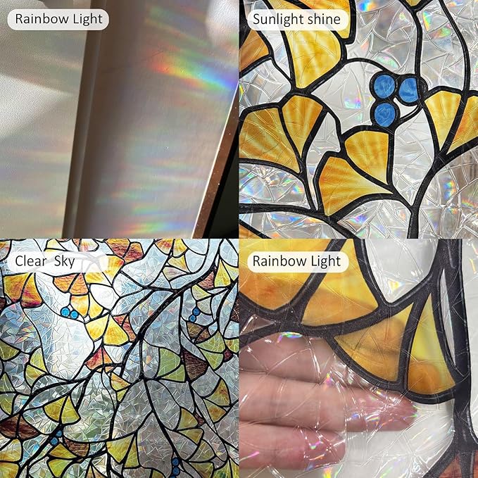 Fall Stained Glass Rainbow Window Privacy Film Autumn Leaf Window Cling, Stained Ginkgo Leaves, 118.11" x 29.52"